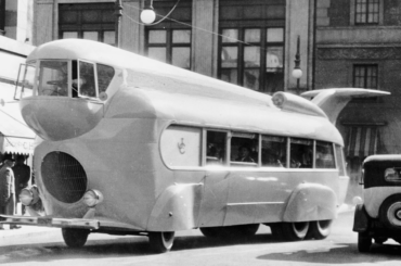 "The Jack Conrad Band bus, built for and featured in the 1935 film Stolen Harmony. The streamlined 36-passenger vehicle was driven by a pilot in the "crow's nest" jutting out over the front bumper, and featured a mighty tail fin above its rear observation deck."