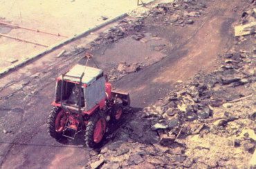Remotely operated conversion of T-25 Vladimirets tractor with lead plates. It was used to clean radioactive debris from the roof of turbine hall of Chernobyl powerplant in 1986.