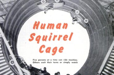 1954 amusement park ride: the drum rotates, the cars are attached to tracks, and by braking the rider can lock his car to the track