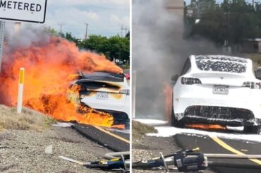 A man whose Tesla Model Y caught fire on a California highway says customer service asked him to haul the burned husk of his car to their service center