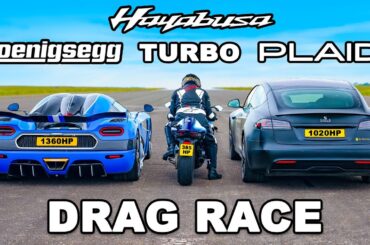 Koenigsegg v Tesla Plaid v Turbo Hayabusa: DRAG RACE