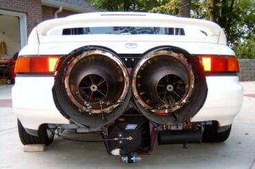 Twin T58 jet powered MR2 with 4 fuel tanks. Each producing around 1400hp converted from trust units. Here's a video of this beast running: https://m.roadkillcustoms.com/1991-toyota-mr2-twin-engine-jet-car/