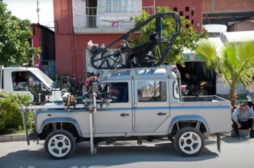 A Land Rover Defender fitted with a remote control driving Pod and custom suspension to increase stability during the filming of "Spectre"
