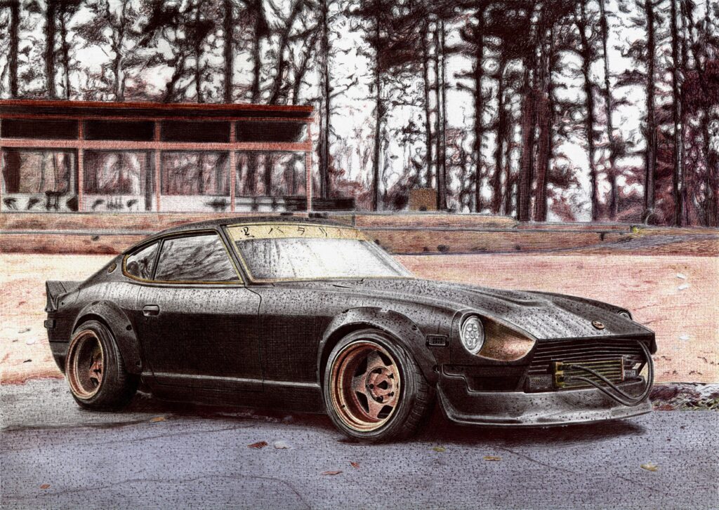 Datsun 240Z/Nissan Fairlady Z, ballpoint pen drawing [5000x3552].