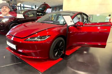 Tesla Model 3 sedan ecar new model ultra red colour full electric car walkaround and interior K1587