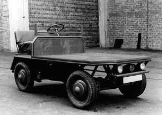 VW Plattenwagen - improvised vehicles using Beetle chassis for moving parts around the Wolfsburg VW factory, originally created due to post-WW2 forklift shortage. Used 1946-1970s.
