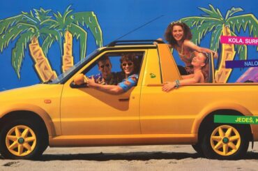 1995 Škoda Felicia Fun. A hatchback-based pickup with a movable cab wall (a few years before GM had one). The only available color was yellow, with frog-print seats. And the bed is lined with spruce, because why not.