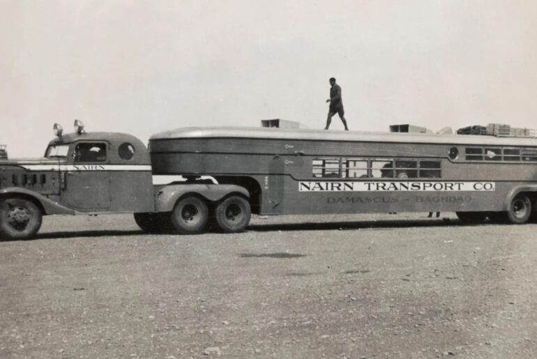 "The Largest Bus in the world" - Nairn Transport Company's Desert Bus built in 1933 for Crossing the Syrian Desert. It contained a kitchen, toilet and seating for 40.