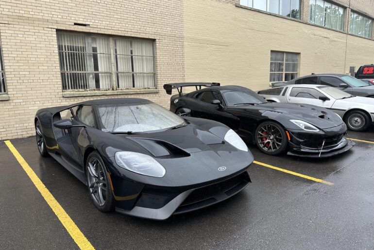 Matching [Ford GT] and [Dodge Viper] for a rainy Sunday cars and coffee. Sneaky Delorean in the back too.