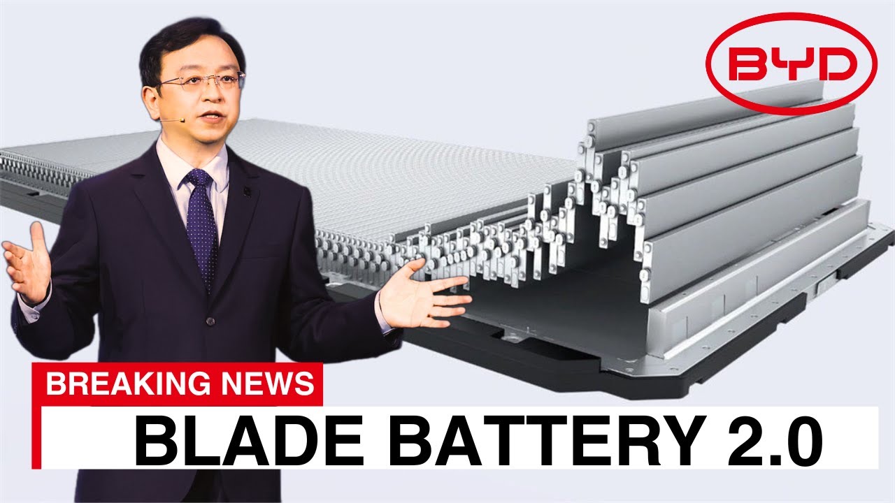 A presenter discusses BYD's next generation Blade Battery technology, showcasing a detailed illustration of the battery design alongside text highlighting "Blade Battery 2.0" and "Breaking News."