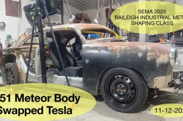 Electric car conversion, 1951 Shoebox body fit to Tesla unibody,  SEMA 2025, body swap, custom build