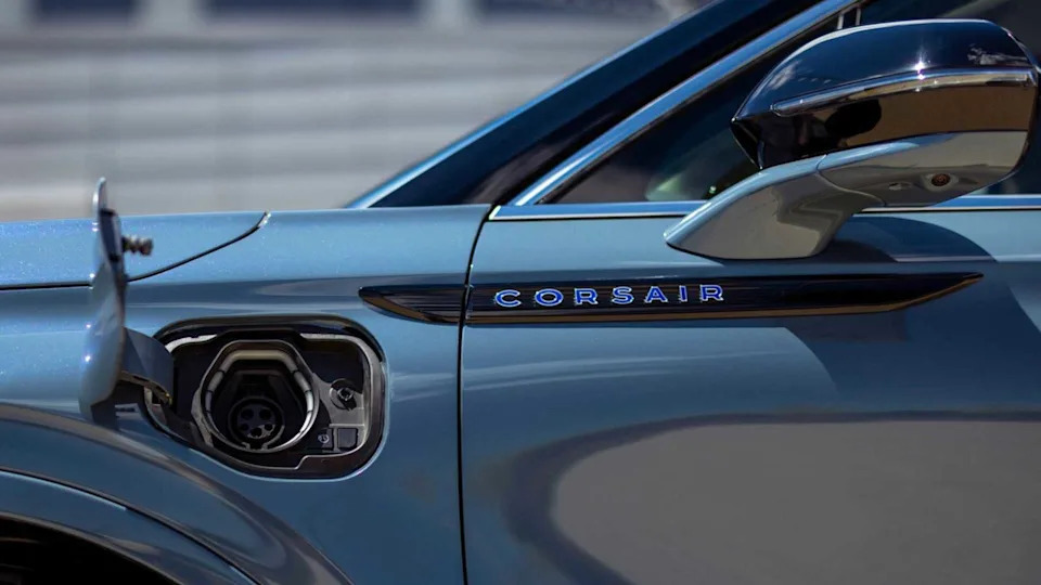 Close-up shot of the charging port on the side of a 2023 Lincoln Corsair.