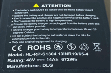 Photo of the bottom label of a battery with model HL-RP-S1304, one of the two models in the warning.