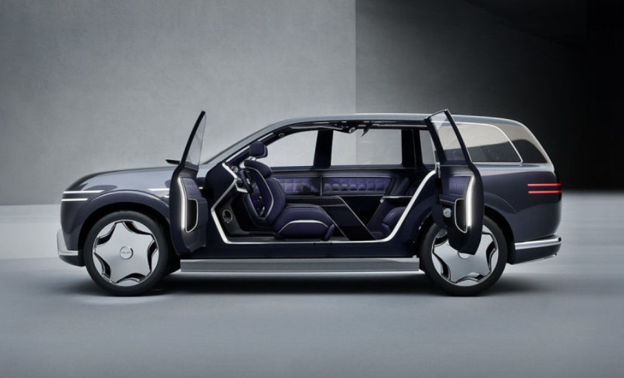 The Genesis GV90 concept car. The vehicle features suicide doors, a design expected to be offered as an option on the production model. [GENESIS]