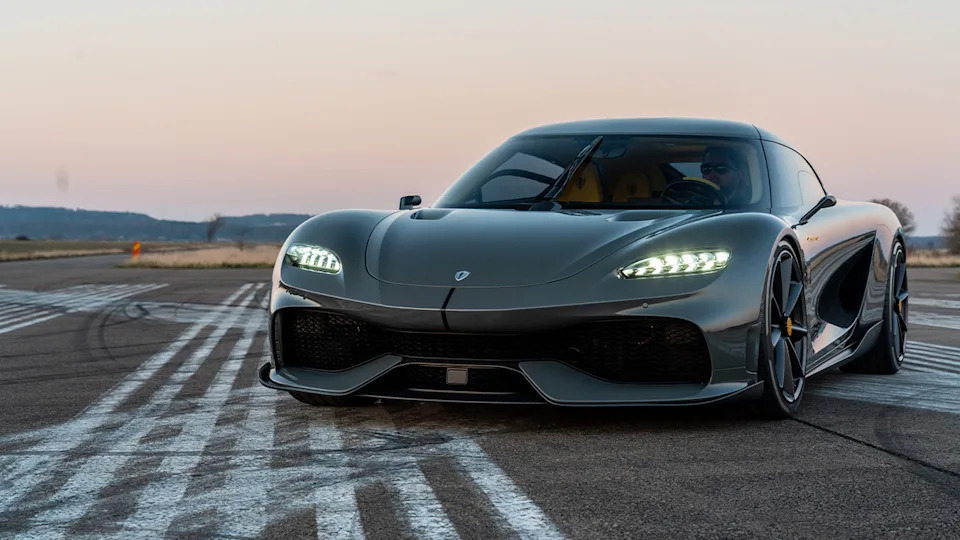 Koenigsegg Gemera, front 3/4 view, test track, gray, prototype