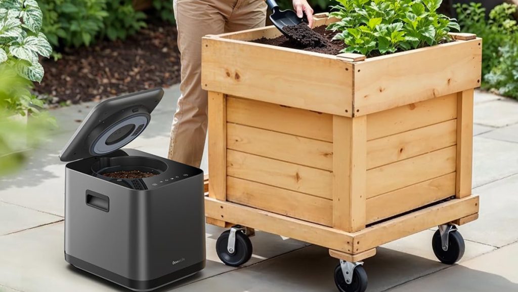 Govee smart electric composter being used to make soil for garden