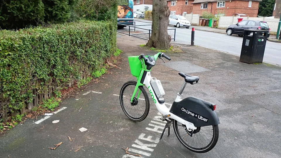 An official ebike, standing in a painted parking area, with the metal corral visible in the background