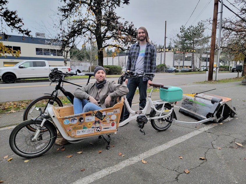 caption: Charlie Liban, left, and Kyle Sullivan out with their e-bikes in Kirkland on Friday, Nov. 21, 2025.