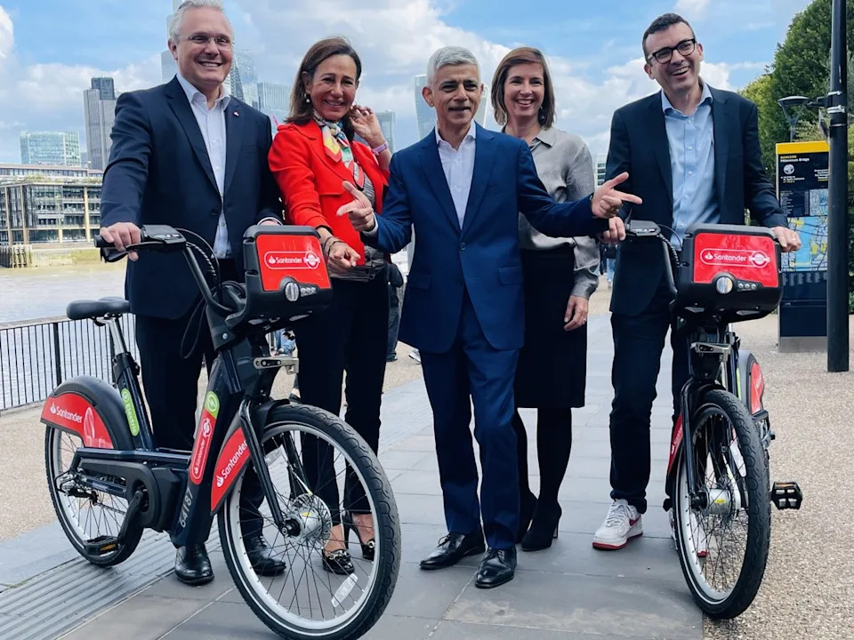 Wheely good: London mayor Sir Sadiq Khan celebrates the new Santander Cycles sponsorship deal (Ross Lydall)