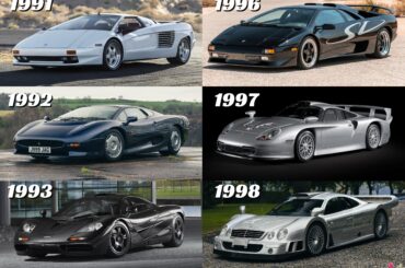 Most Powerful Production Car Debuting Each Year in the 90s, Vector W8, Cizeta V16T, Jaguar XJ220, McLaren F1, Bugatti EB110 SS, Ferrari F50, Lamborghini Diablo SV, Porsche 911 GT1, Mercedes CLK GTR and Aston Martin V8 Vantage Le Mans V600 [3000 x 3500]