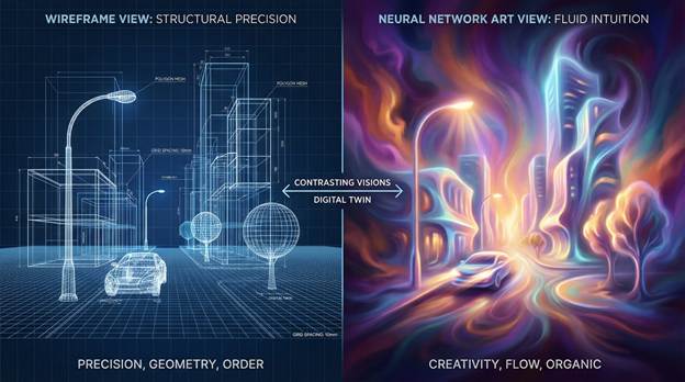 A split-screen graphic showcasing two contrasting visions of a street scene. On the left, a meticulous wireframe representation of the street unfolds, characterized by rigid lines and geometric boxes, evoking a sense of precision and structure. Conversely, the right side offers a soft, radiant artistic interpretation of the same street, seen through the lens of a neural network. This side emphasizes smooth flows and organic intuition with vibrant colors and gentle curves, creating an ethereal atmosphere. The backdrop enhances the dichotomy between rigid precision and fluid creativity, with detailed elements inviting exploration. 