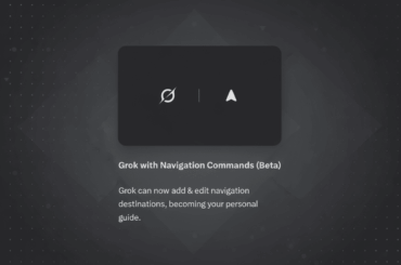 A 16:9 image featuring a dark gray card with two icons: a crossed-out circle and a paper airplane. Below the card, text reads Grok with Navigation Commands (Beta) and Grok can now add & edit navigation destinations, becoming your personal guide. The background is a professional flat design with soft patterns.