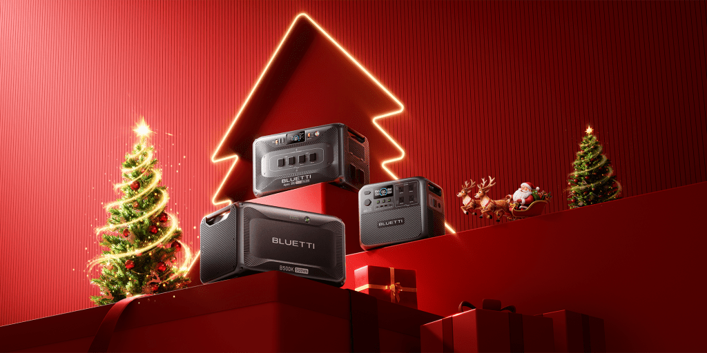 Bluetti Christmas Sale Banner with three power stations