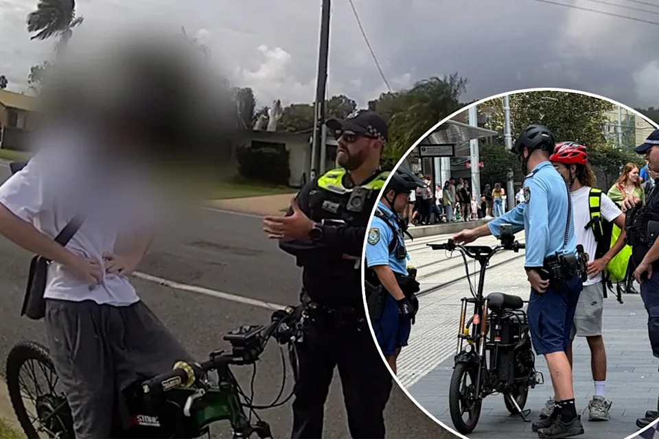 Left: Teen on e-bike in Queensland. Right: Police talk to e-bike rider in Sydney. 
