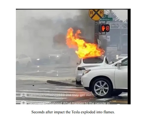 An image embedded in a federal lawsuit captures the aftermath of a Jan. 7, 2023, crash in Tacoma involving a Tesla Model 3.