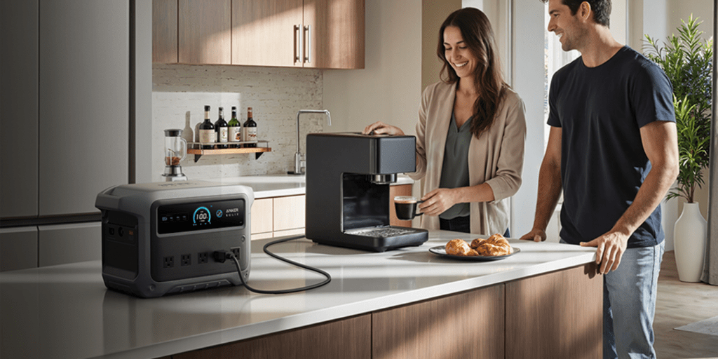 man and woman make coffee with power from Anker SOLIX C1000 Gen 2 power station