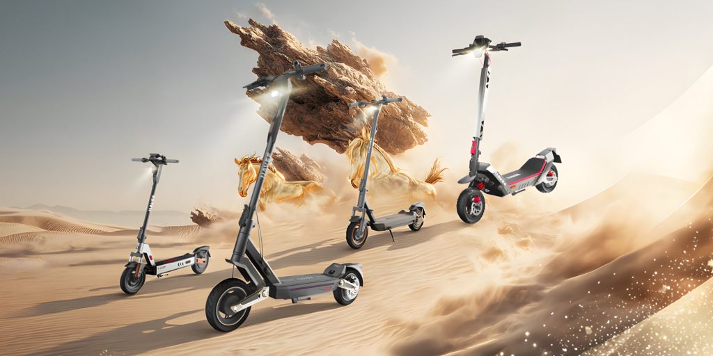 A group of scooters in the desert