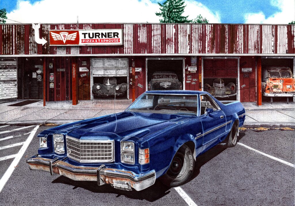 Ballpoint pen drawing of 1978 Ford Ranchero GT Brougham[6000x4193].