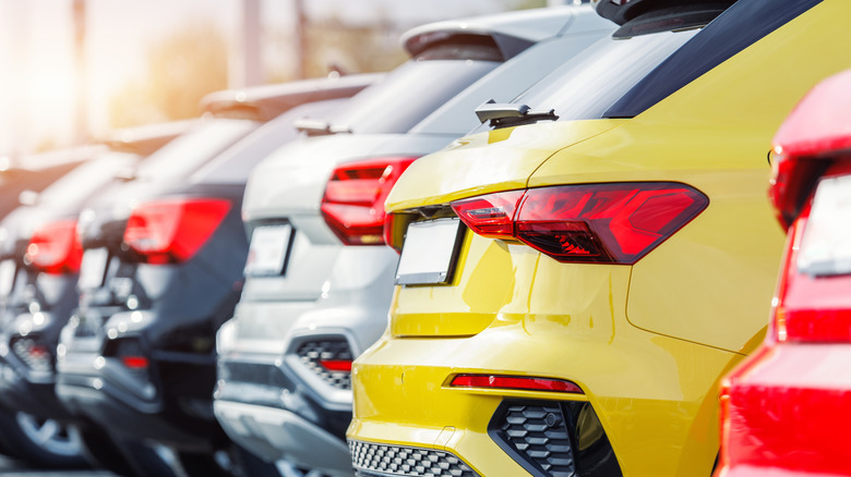 Electric SUVs are lined up in a new car lot.