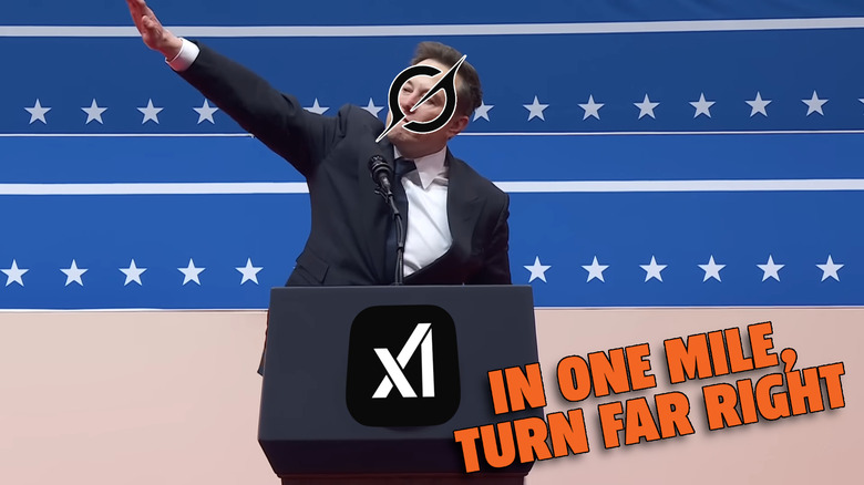 Elon Musk with his right arm extended straight to the tips of his fingers, his face covered with the Grok logo and the pulpit logo covered with that of xAI