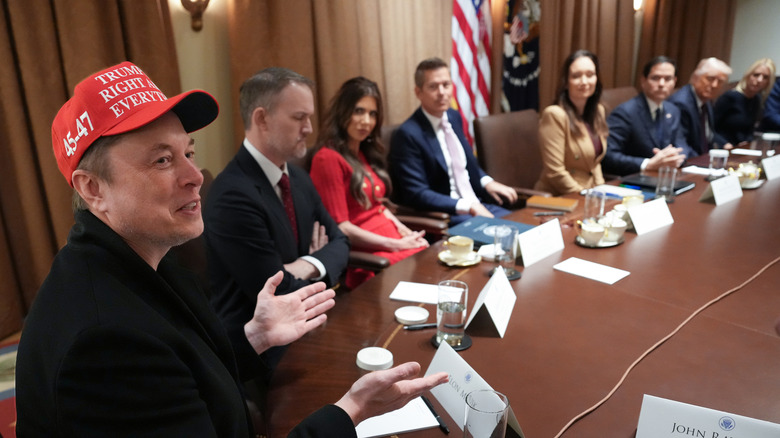 White House Senior Advisor, Tesla and SpaceX CEO Elon Musk (L) speaks during a cabinet meeting held by U.S. President Donald Trump at the White House on March 24, 2025 in Washington, DC.