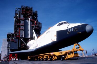 Specially-designed Cometto 76-wheel transporter for the Space Shuttle. U.S. Air Force photo taken on 19 February 1985