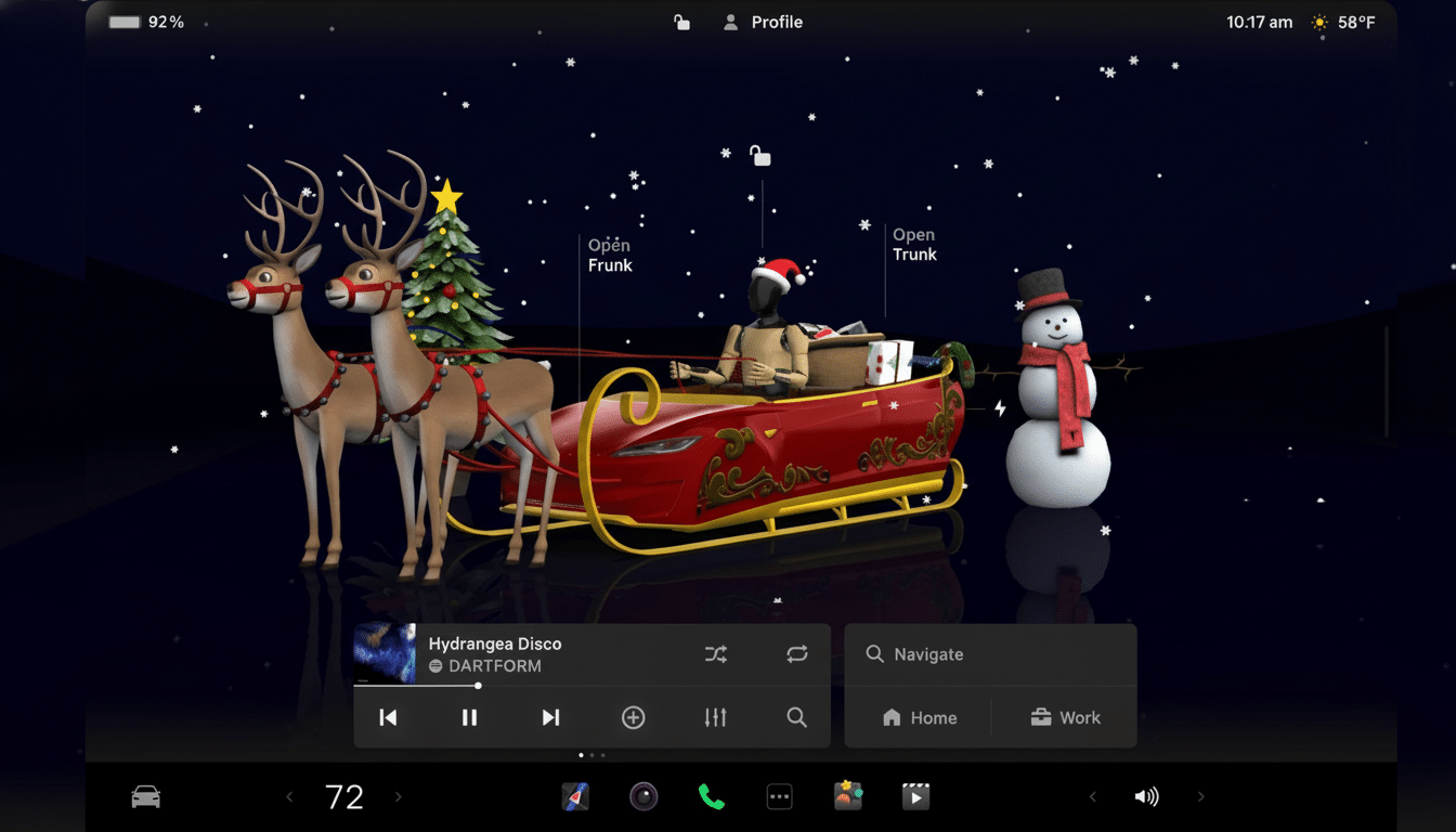 A Tesla infotainment screen displaying a festive Christmas scene with reindeer, a sleigh, a snowman, and a Christmas tree, with music controls and navigation options at the bottom.