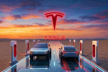 Tesla logo towers over vehicles charging at a Supercharger station, highlighting EV demand.