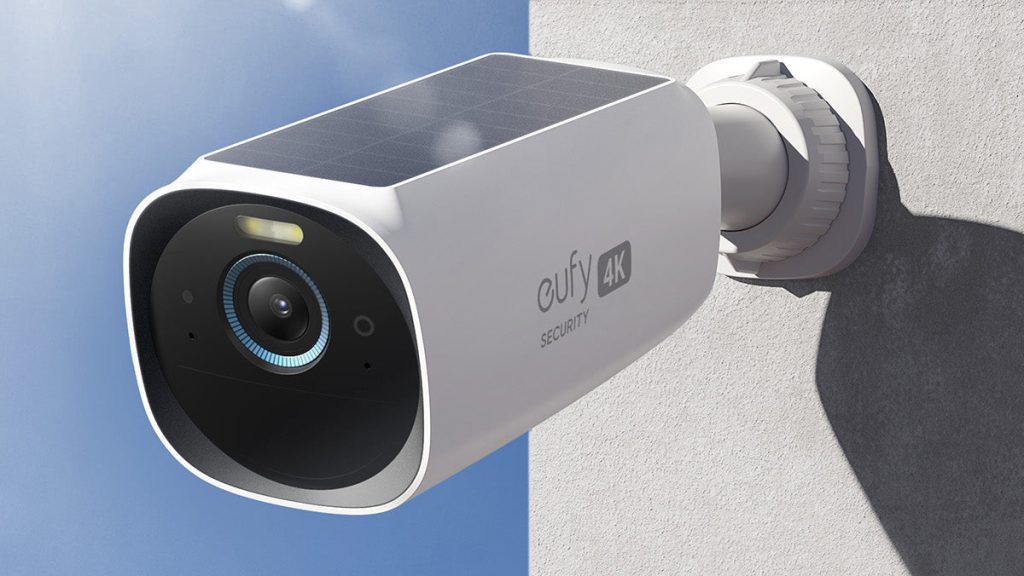 Anker eufy solar security camera mounted to wall on sunny day