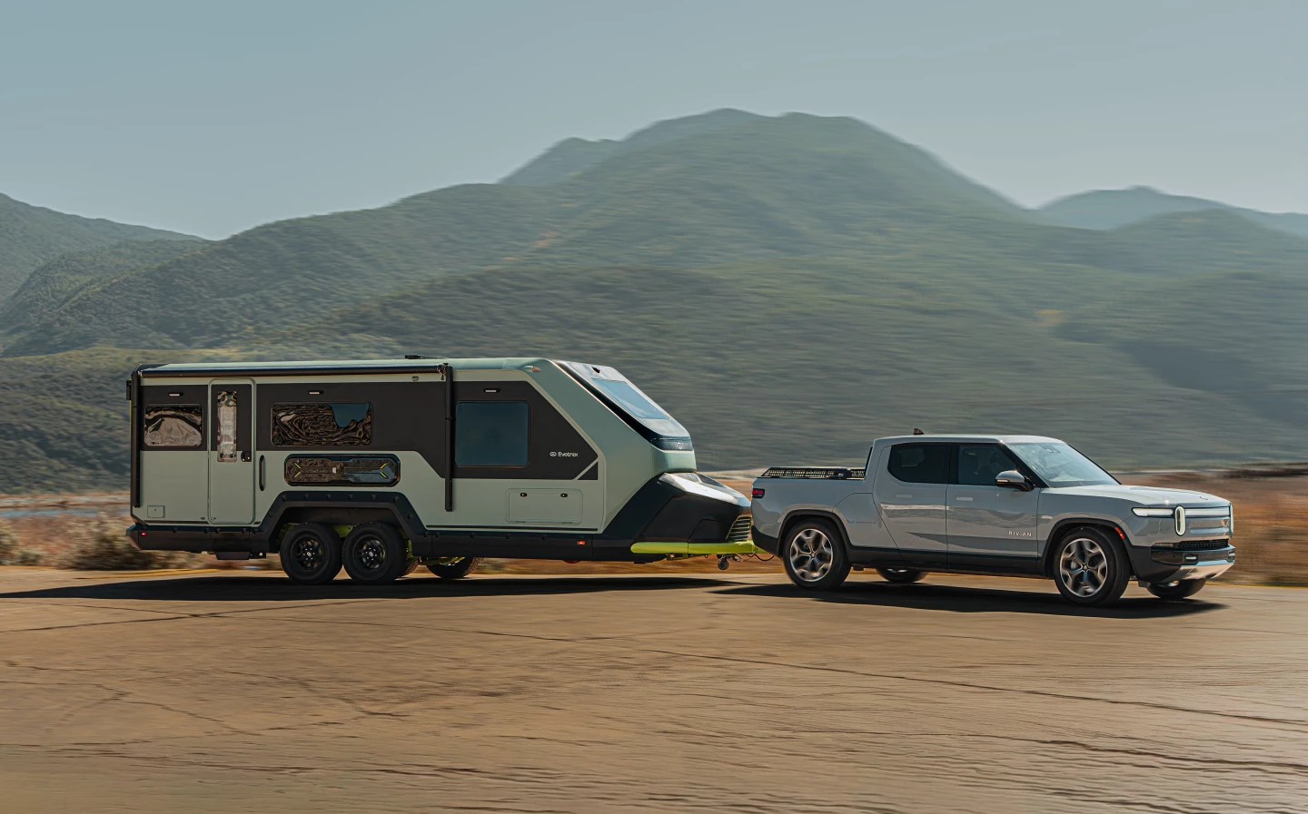 The Evotrex PG5 is designed to tow with electric, hybrid or ICE vehicles, but the biggest limiting factor for a trailer that flirts with 10,000 lb when loaded will be the vehicle's tow rating