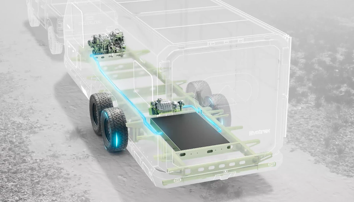 The PG5's front-integrated engine generator charges the battery pack as needed, which then powers the rear-axle drive motor and onboard camper amenities