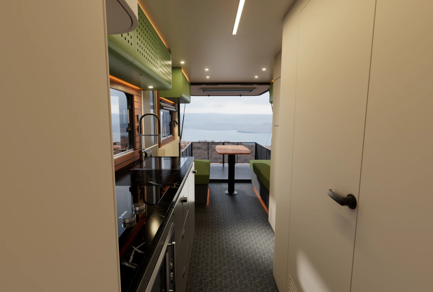 A peek from the central closed bathroom/galley to the rear lounge and terrace