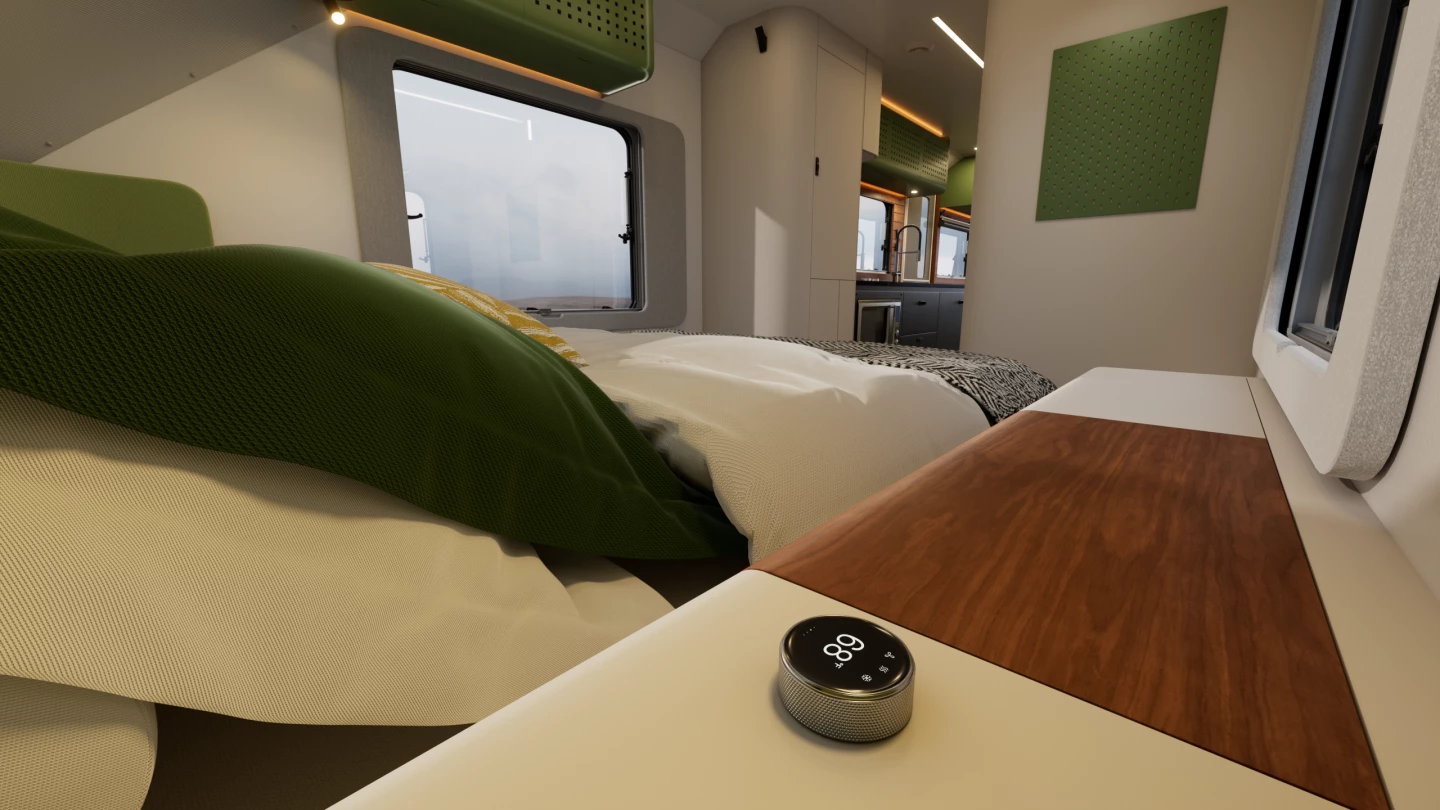 Another intriguing feature is the simple, highly convenient climate controller right next to the master bed