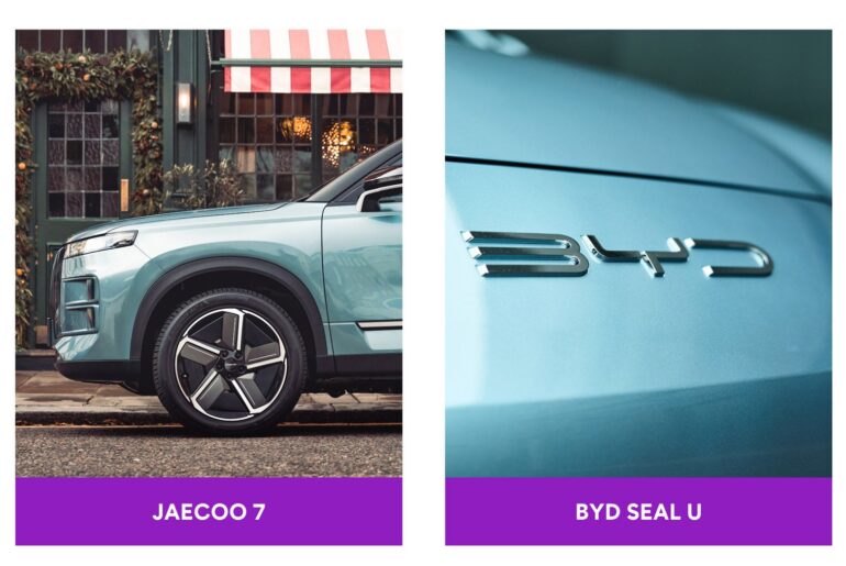 Split image: Left shows side of a Jaecco 7 car with a red-striped awning in the background; right shows a close-up of a BYD Seal U logo.