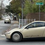 Tesla Cybercab prototypes spotted testing in Austin, Texas. A human driver using the steering wheel can be seen in the driver's seat.