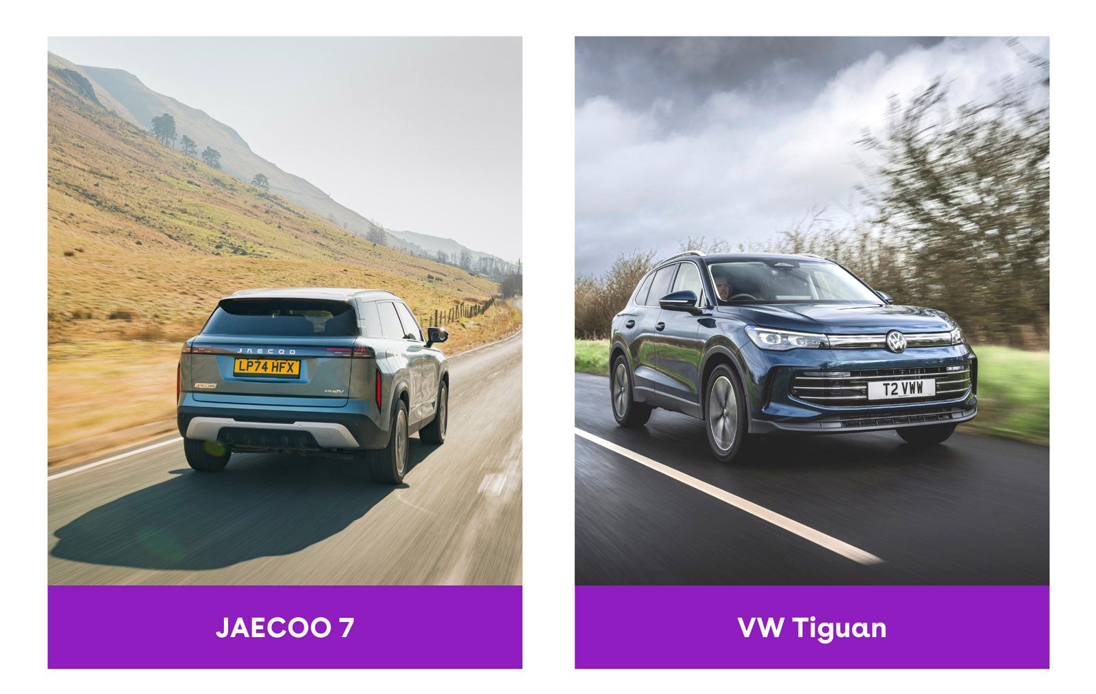 Side-by-side comparison: Jaecoo 7 on a rural road, rear view, left; VW Tiguan driving on a wet road, front view, right.