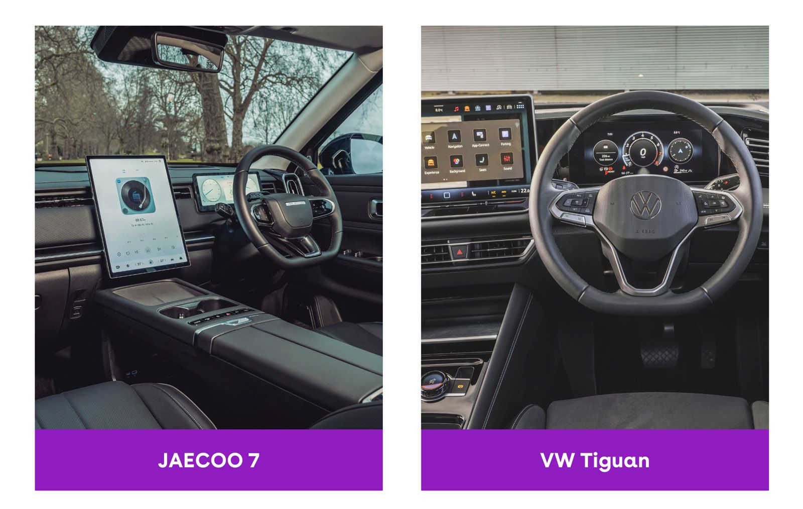 Split image: Left shows the interior of a JaeCoo 7 with a large central screen. Right shows a VW Tiguan interior with a digital dashboard.