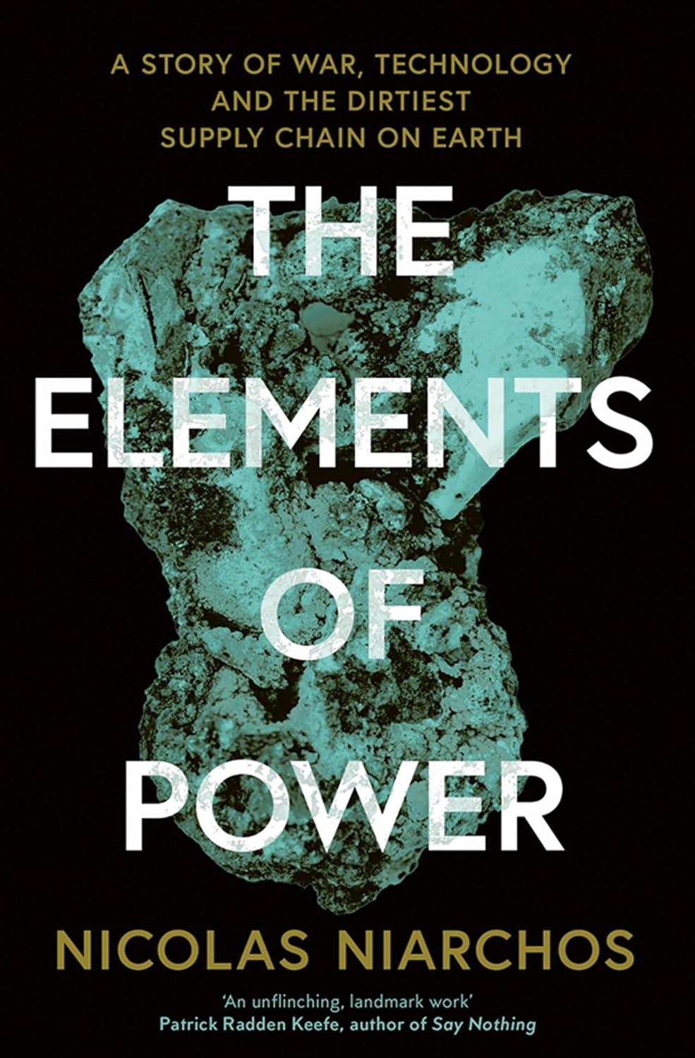 Book cover for "The Elements of Power" by Nicolas Niarchos, featuring a textured, teal-colored rock-like image on a black background.