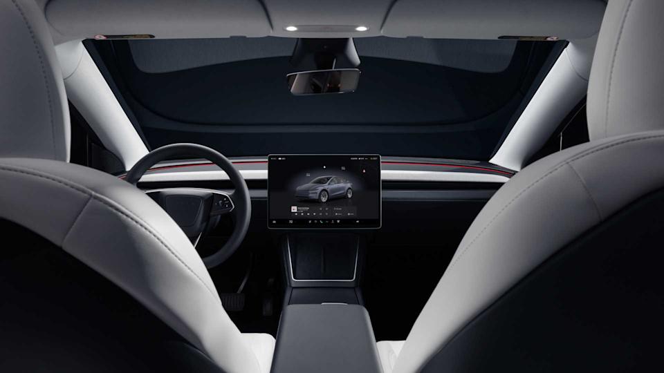 Shot of the dashboard and interior inside the cabin of a 2026 Tesla Model Y.