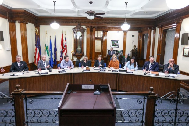 Wilkes-Barre City Council continues with business during a reorganization meeting Monday, Jan. 5, 2026, at City Hall. Jessica McClay, fourth from left, is seated as the new council chairwoman. (JASON ARDAN / STAFF PHOTOGRAPHER)